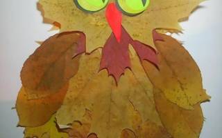 Аппликация «сова из листьев» из различных подручных материалов